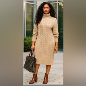 Preppy Classic Cable Knit Soft Stretch Turtleneck Sweater Midi Dress New